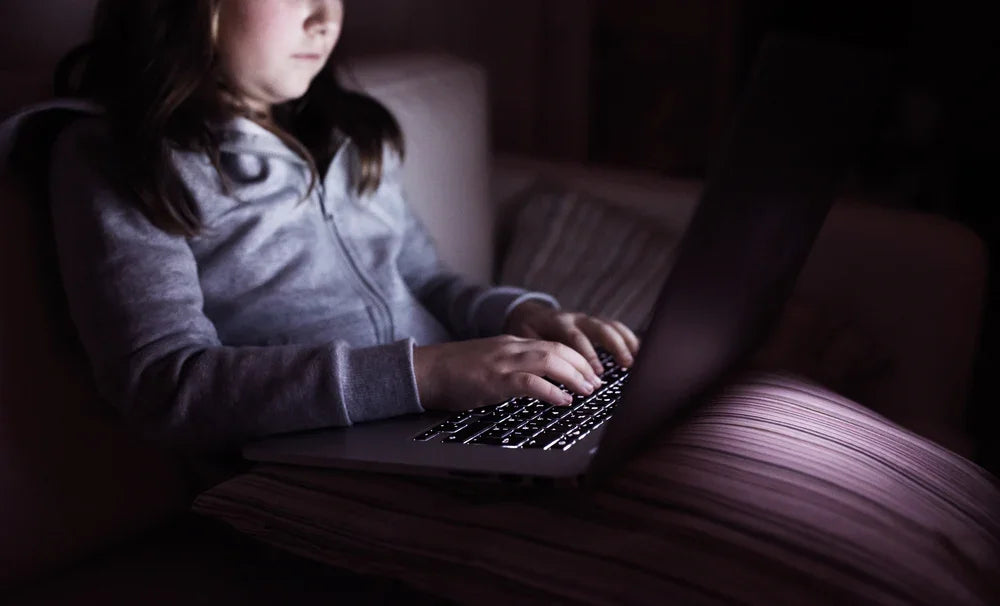 Bambina sul divano con computer portatile in mano, Simbolo di indagini per controllo attività informatica dei minori.