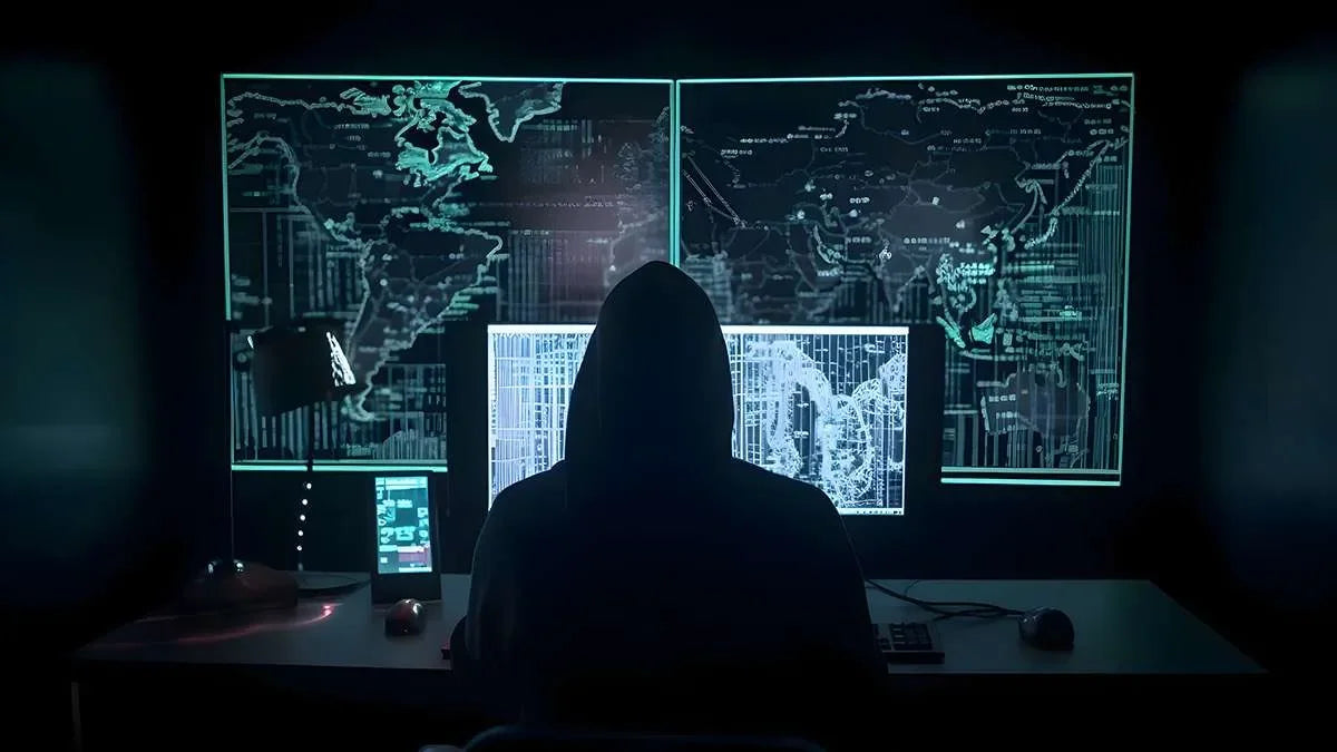 Figura incappucciata davanti a monitor con mappe digitali, simbolo di bonifiche ambientali e controllo sicurezza.