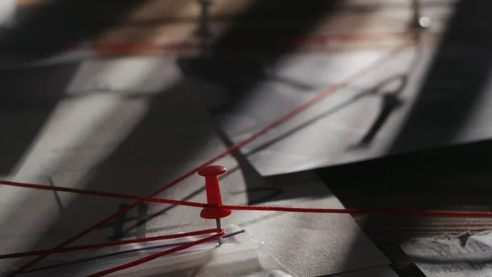 Mappa investigativa con fili rossi e puntine, simbolo di ricerca e localizzazione di un debitore irreperibile
