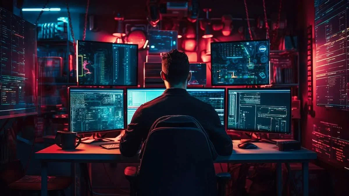 In un ufficio tecnologico un investigatore privato seduto di spalle lavora al computer con sei schermi. Simbolo di indagini informatiche