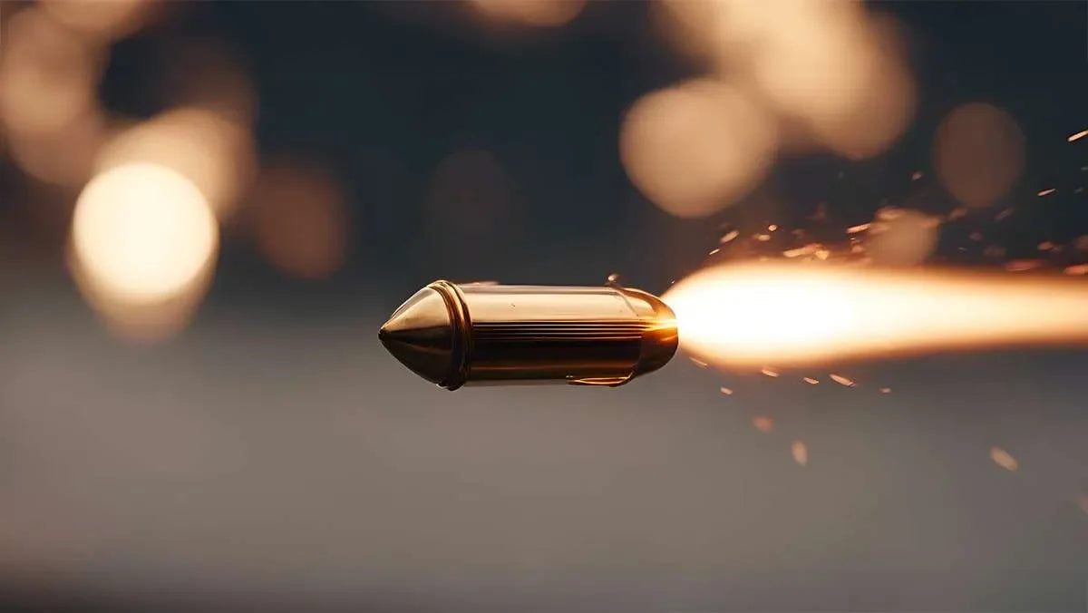 proiettile con scia infuocata su sfondo sfocato. simbolo di indagini, perizia balistica e servizi tecnici.