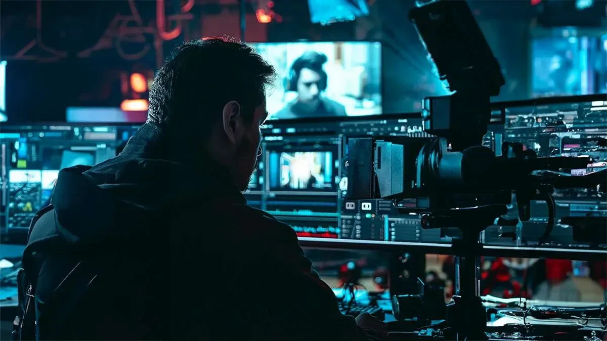 Investigatore privato al lavoro su sistemi video professionali, simbolo di perizia video e indagini tecniche.