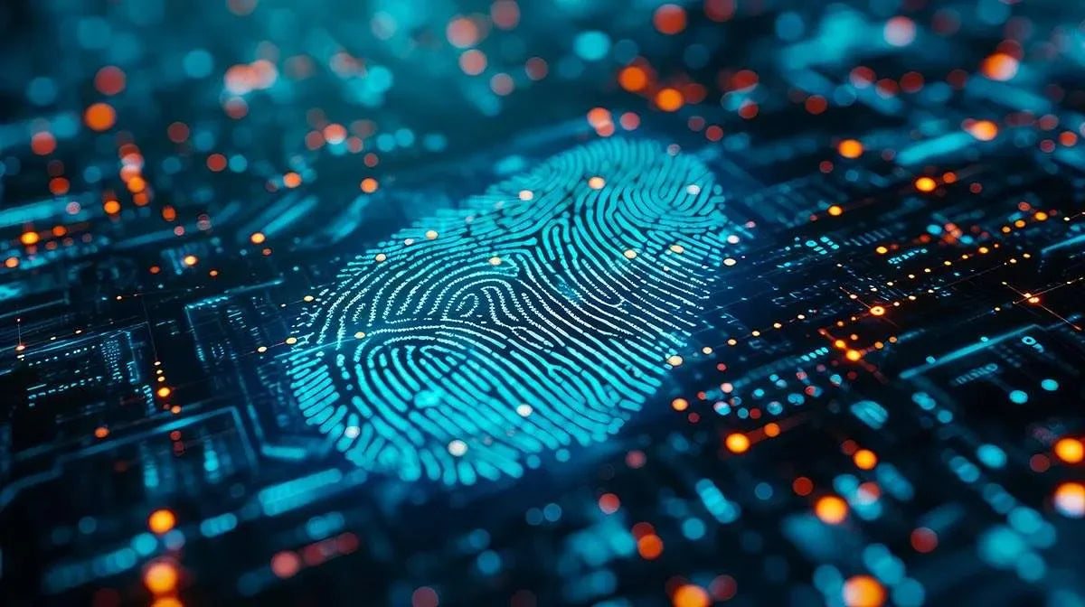 impronta digitale su sfondo blu illuminato che rappresenta una scheda elettronica, componente informatico. Simbolo di indagini tecniche e perizie specialistiche.