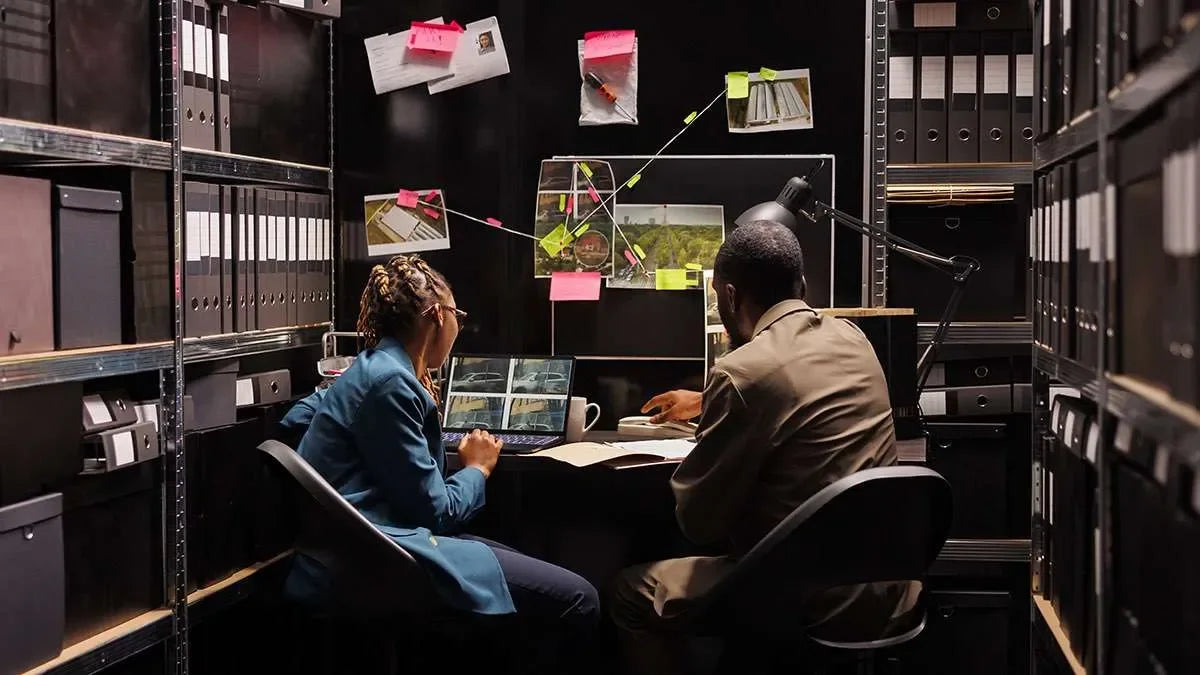 Due investigatori privati di spalle, In studio, esaminano delle foto al computer per indagini difensive