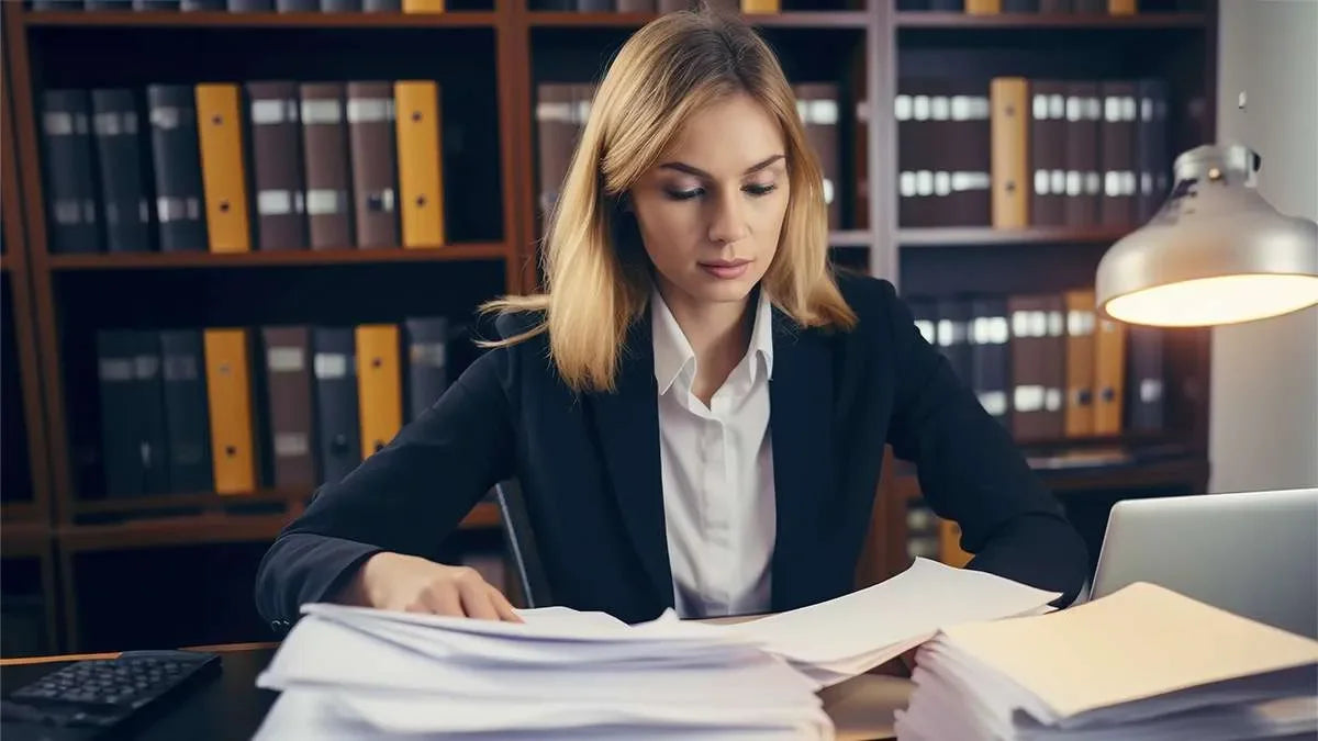 Investigatrice privata in studio legge la documentazione seduta ad una scrivania legge la documentazione inerente al servizio di indagini private