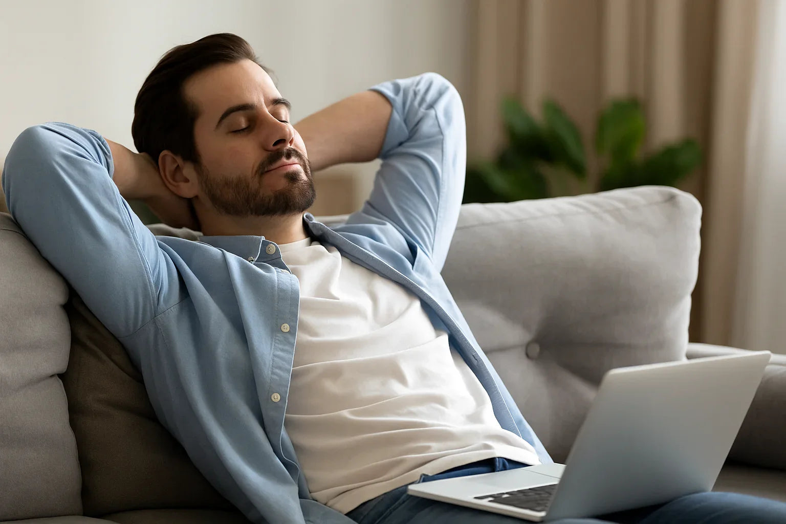 Uomo rilassato sul divano con computer portatile, simbolo di assenteismo mascherato da assistenza con legge 104.