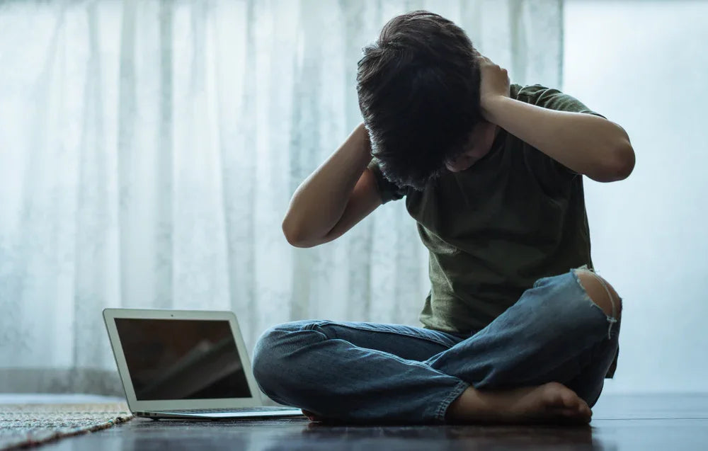 Ragazzo davanti al computer con le mani sulla testa, vittima di minacce e umiliazioni online.