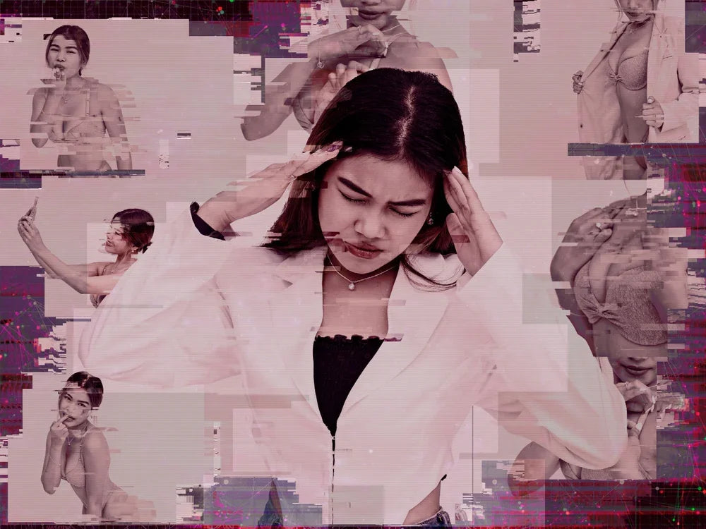 Donna turbata da immagini private diffuse online, simbolo di indagine OSINT e tutela contro revenge porn.