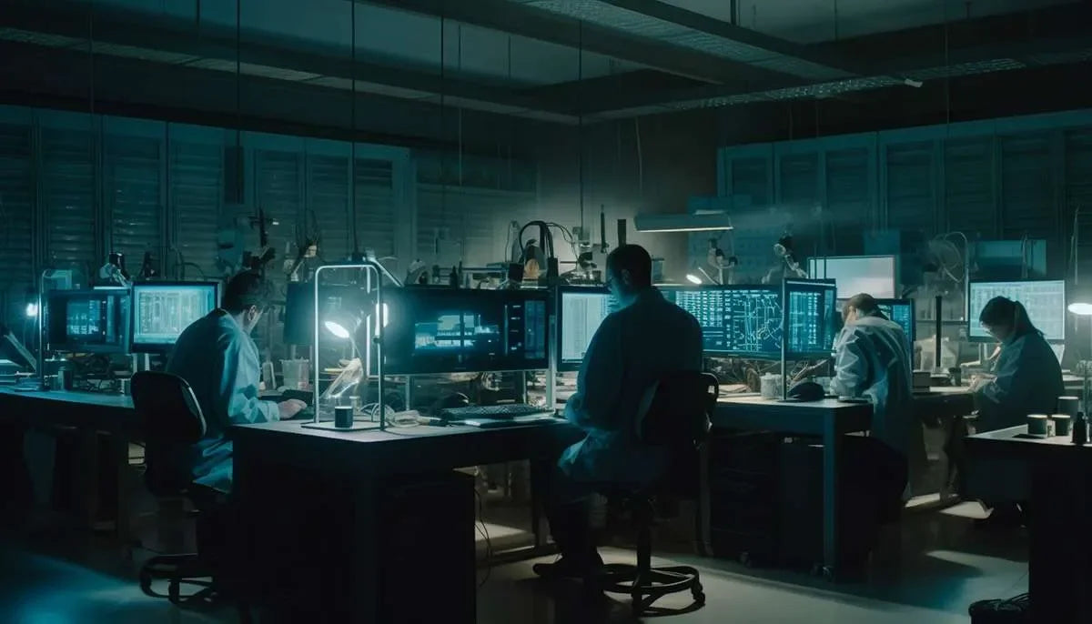 Laboratorio scientifico con esperti che analizzano campioni e dati digitali per la rivelazione di tracce biologiche.